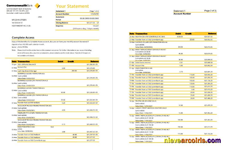 Australia Commonwealth bank statement in Excel and PDF format (3 pages), version 2
